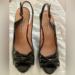 Charles David Black Heels With Elegant Bow  Detail Excellent Like New 71/2